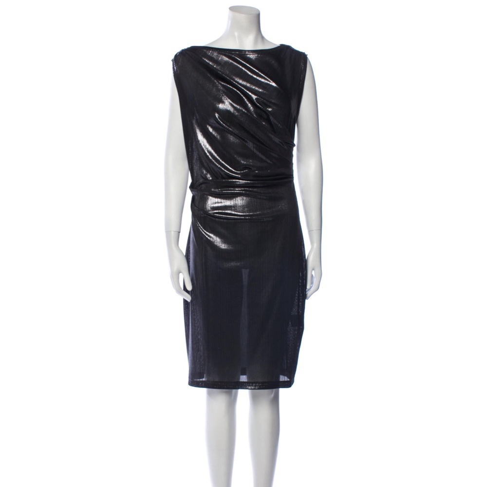Talbot Runhof Gunmetal Sliver Ruched Sleeveless Knee-Length Dress EUC Medium